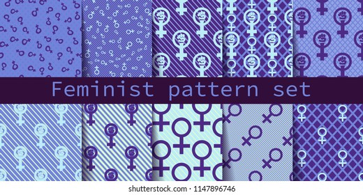 Set of ten colorful seamless feminist pattern backgrounds. Nice and beautiful vector grapgic illustration of Venus Mirror
