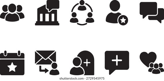 Conjunto de diez iconos de la comunidad y los grupos, incluido el evento de discusión de miembros de la comunidad del foro del grupo, invitan a unirse al grupo, al post y al grupo como diseñados en estilo de Vector mínimo plano color negro sólido iconos de ui ux modernos aislados sobre fondo blanco ideal para redes sociales foros App de mensajería tableros y plataformas digitales