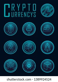 Set of ten Cryptocurrencys in blue futuristic flat design .Vector illustration