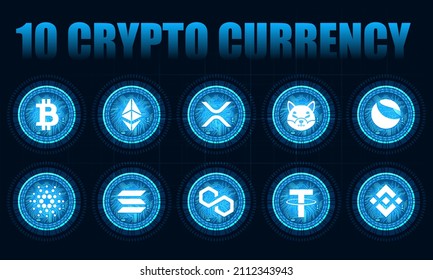 Set of ten Cryptocurrencys in blue futuristic flat design .Vector illustration