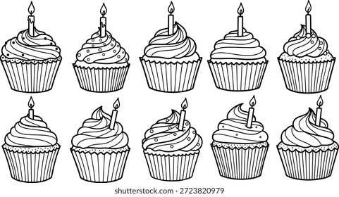 Un conjunto de diez siluetas de Vector cupcake con velas, perfecto para el diseño de cumpleaños y proyectos temáticos de celebración