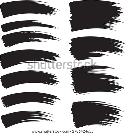 Set of ten curved black ink brush strokes with rough textured edges on a white background area