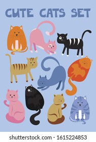 Set of ten cute cartoon cats. Cats in different poses on a colored background. Flat vector illustration.