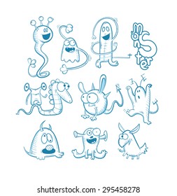 Set with ten cute cartoon monsters and  inscription.