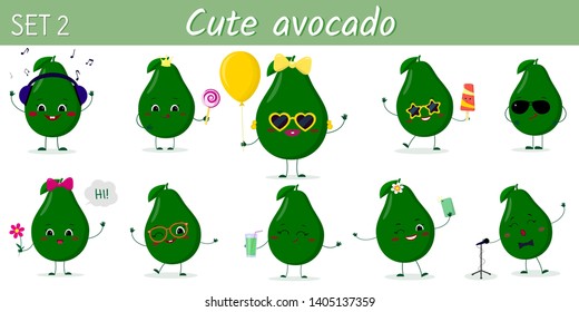 Set of ten cute kawaii avocado fruit characters in various poses and accessories in cartoon style. Vector illustration, flat design.