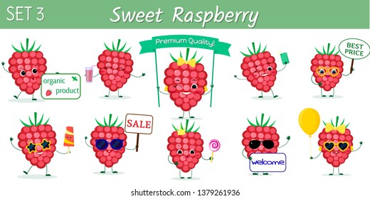 Set of ten cute kawaii berries raspberries characters in various poses and accessories in cartoon style. Vector illustration, flat design.