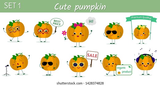 Set of ten cute kawaii pumpkin vegetable fruit characters in various poses and accessories in cartoon style. Vector illustration, flat design.