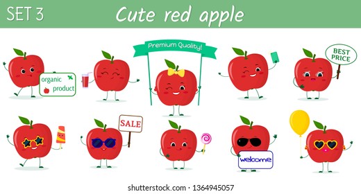 Set of ten cute kawaii red apples characters in various poses and accessories in cartoon style. Vector illustration, flat design.