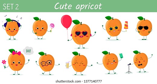 Set of ten cute kawaii ripe apricot characters in various poses and accessories in cartoon style. Vector illustration, flat design.