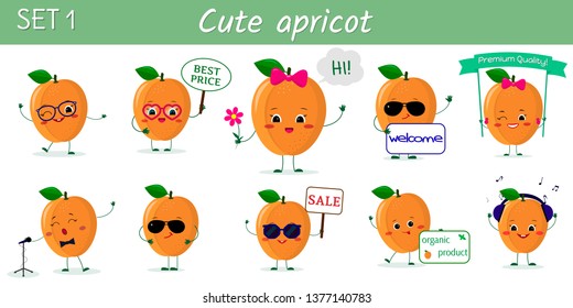 Set of ten cute kawaii ripe apricot characters in various poses and accessories in cartoon style. Vector illustration, flat design.