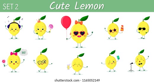 A set of ten cute lemon characters in different poses and accessories in cartoon style. Vector illustration, a flat design.