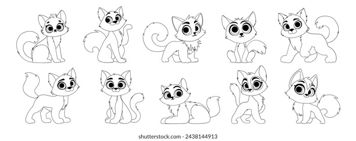 Set of ten cute line art kittens. Little cute cat with a charming look poses.