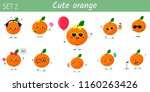 A set of ten cute orange characters in different poses and accessories in cartoon style. Vector illustration, a flat design.