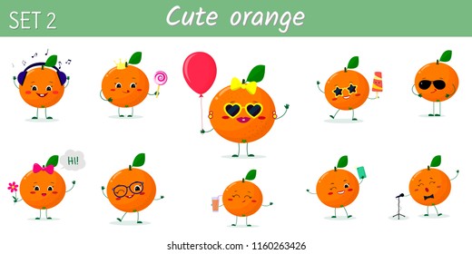 A set of ten cute orange characters in different poses and accessories in cartoon style. Vector illustration, a flat design.