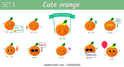 A set of ten cute orange characters in different poses and accessories in cartoon style. Vector illustration, a flat design.