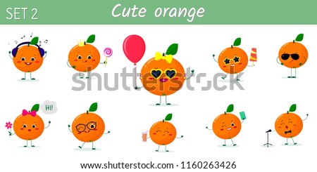 A set of ten cute orange characters in different poses and accessories in cartoon style. Vector illustration, a flat design.