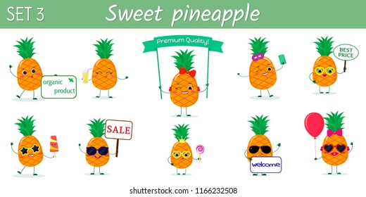 A set of ten cute pineapples characters in different poses and accessories in cartoon style. Vector illustration, a flat design.