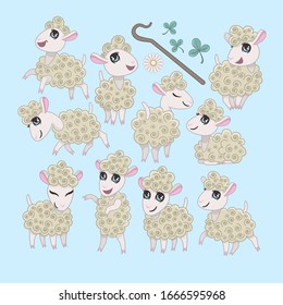 The set of ten cute sheep. Vector illustration is in rustic theme isolated on blue background for design.
