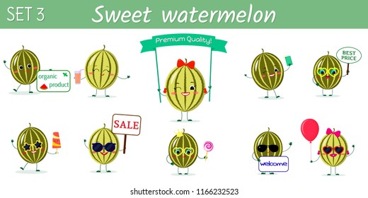 A set of ten cute watermelon characters in different poses and accessories in cartoon style. Vector illustration, a flat design.