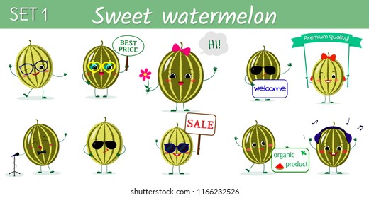 A set of ten cute watermelon characters in different poses and accessories in cartoon style. Vector illustration, a flat design.