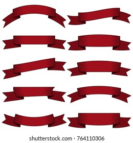 Set of ten dark red ribbons and banners for web design. Great design element isolated on white background. Vector illustration.