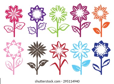 Set of ten designs of full bloom flowers on stalk with leaves. Vector illustration isolated on white background.