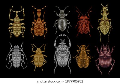 A set of ten different beetles embroidered with a metal thread on a black background. Imitation of gold and silver embroidery. Decorative element for   patches, stickers, badges, print for t-shirts.