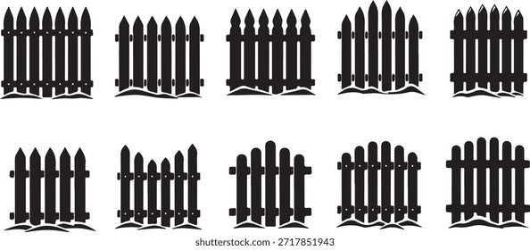 Un conjunto de diez diferentes diseños de valla de silueta negra, cada uno con Formas y estilos de piquete únicos, aislados en un fondo blanco limpio, adecuado para varios proyectos de diseño.