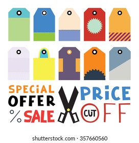 Set of ten different blank price or gift tags. Scissors icon with "Special offer" and other phrases.
