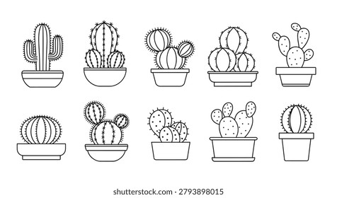 Set of ten different cactus and succulent plants in pots presented in a clean black and white line art grid illustration.