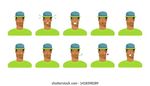 Set of ten different emotions. Facial expression. Girl Avatar. Young man emoji character with different expressions. Vector cartoon illustration, flat design. White background isolated 