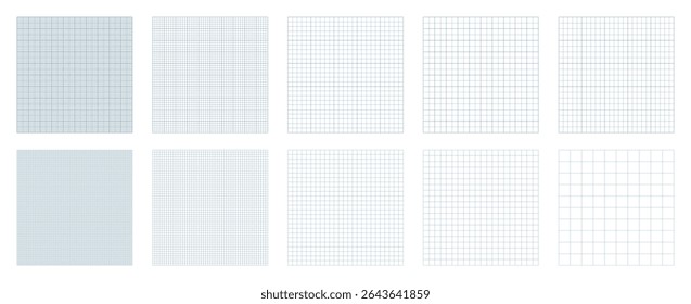 Set of ten different graph paper design seamless patterns with editable strokes on transparent background. Blueprint graph paper collection.
