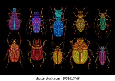 A set of ten different multicolored embroidered beetles on a black background. Decorative element for embroidery, patches, stickers, badges, print for t-shirts.