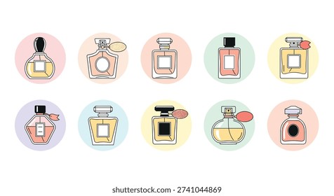 Set of ten different perfume and fragrance bottle icons in various shapes and colors presented in circular frames.
