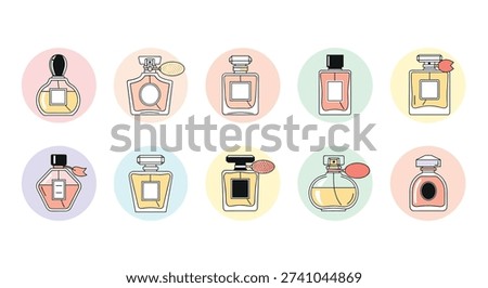 Set of ten different perfume and fragrance bottle icons in various shapes and colors presented in circular frames.