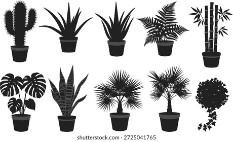 Um conjunto de dez diferentes plantas em vasos e cactos em silhueta preta sobre um fundo branco, apresentando várias formas e estruturas de folhas.