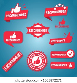 Set of ten different red Recommended labels or signs with text and icons endorsing or praising a product or service, vector illustration