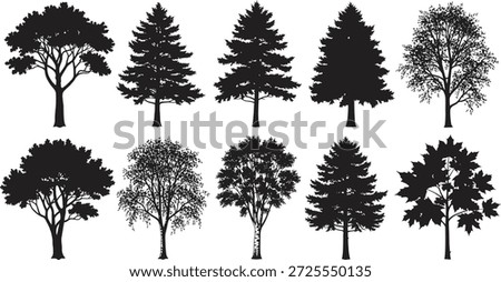 A set of ten different tree silhouettes in black, showcasing various shapes and sizes