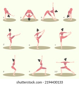 Eine Reihe von zehn verschiedenen Yoga Posen, eine Reihe von Übungen. Frau in rosafarbenem Anzug, minimalistischer Charakter aus ovalen Elementen.