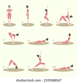 A set of ten different yoga poses, a complete set of exercises with bending and stretching of the back and abdomen. A woman in a pink suit on a green background.