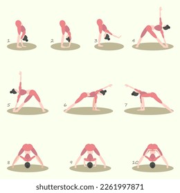 A set of ten different yoga poses, a complete exercise complex with bends and back stretching. Woman in pink suit, minimalistic character.