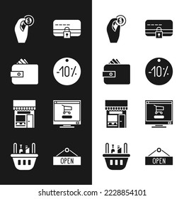Set Ten discount percent tag, Wallet with paper money cash, Hand holding coin, Credit card lock, Shopping building or market store, cart computer, Hanging sign Open and basket food icon. Vector