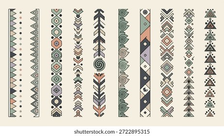 A set of ten distinct vertical tribal borders with geometric patterns and ethnic motifs in earthy tones.