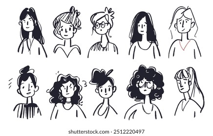 Un conjunto de diez diversos avatares femeninos de estilo de dibujos animados en blanco y negro. Cada personaje cuenta con un peinado único y expresión facial, ideal para perfiles de usuario, iconos de redes sociales