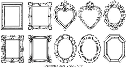 A set of ten diverse decorative frames, including rectangular, heart-shaped, oval, and octagonal designs, rendered in a line art style.