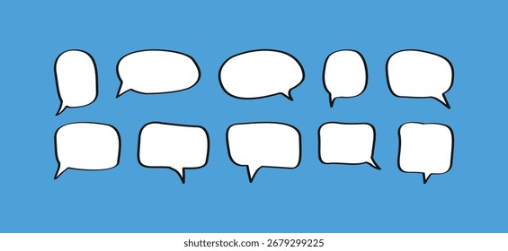 A set of ten diverse hand-drawn speech bubbles with a bold, black outline on a solid blue background. Includes various shapes and sizes, ideal for comics, dialogue, and communication themes