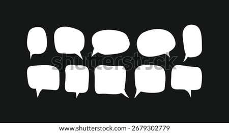 A set of ten diverse hand-drawn white speech bubbles with a rough, imperfect texture on a solid black background. Includes various shapes and sizes, ideal for comics, dialogue, and communication theme