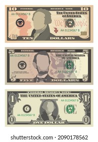 Set of ten dollars, five dollars and one dollar bills from obverse. 10, 5 and 1 US dollars banknotes. Business, banking and success concept. Vector illustration of USD isolated on white background
