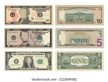 Set of ten dollars, five dollars and one dollar bills from both sides. 10, 5 and 1 US dollars banknotes. Business, banking and success concept. Vector illustration of USD isolated on white background
