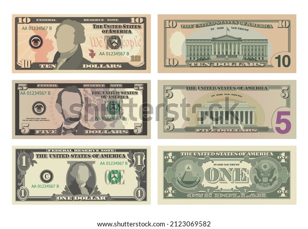 Set of ten dollars, five dollars and one\
dollar bills from both sides. 10, 5 and 1 US dollars banknotes.\
Business, banking and success concept. Vector illustration of USD\
isolated on white\
background